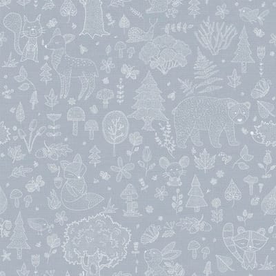 Behang - Bosdieren - Kinderkamer Jongen - Grijs Blauw - Babykamer - Dierenbehang - Beer Hert Vos - 0,53 x 10,05 M - Happy