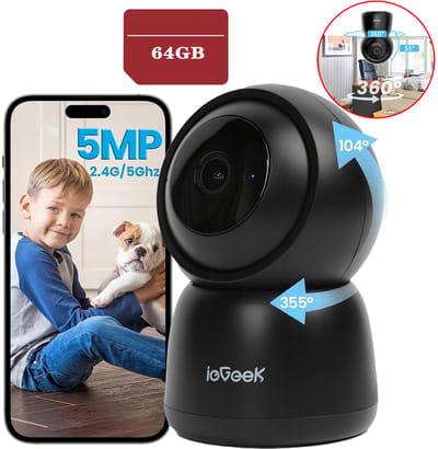 ieGeek SC1 Pro Beveiligingscamera binnen - 5MP Ultra HD - Huisdiercamera met app - Beveiligingscamera's - Wifi Camera APP - Volgt beweging en geluidsdetectie - Bewakingscamera - 2.4/5 GHz - Zwart - 64GB-KAART