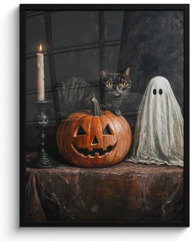Poster in lijst - Fotolijst 50x70 cm - Posters - Halloween - Pompoen - Spook - Zwarte kat - Stilleven - Posterlijst zwart - Decoratie - Wanddecoratie woonkamer - Muurdecoratie slaapkamer