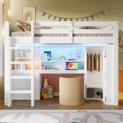 Sweiko Hoogslaper - 90x200cm - LED-verlichting - Met kledingkast - Bureau - 3 lades - Opbergkast - Kinderbed - Wit