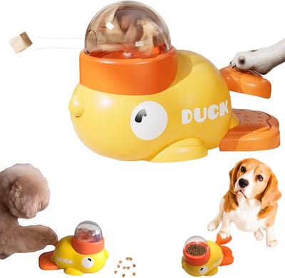 Daity Een interactieve voerdispenser met drukknop, educatieve voederbak, eendvormige voerbak voor huisdieren, bevordert gezond eten, interactief speelgoed voor katten en honden dat snoepjes uitdeelt (geel).
