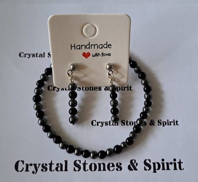 Set Onyx / Hematiet Armband en Oorbellen knop 4 mm