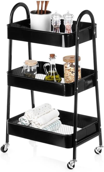 Opbergwagen Metaal Zwart 3-Niveaus 44x31,5x78,5 cm - Keukentrolley - Keuken - Organizer - Rek Op Wielen
