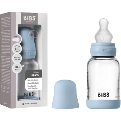 BIBS Glass Baby Bottle Silicone Slow Flow Baby Blue 120 ml