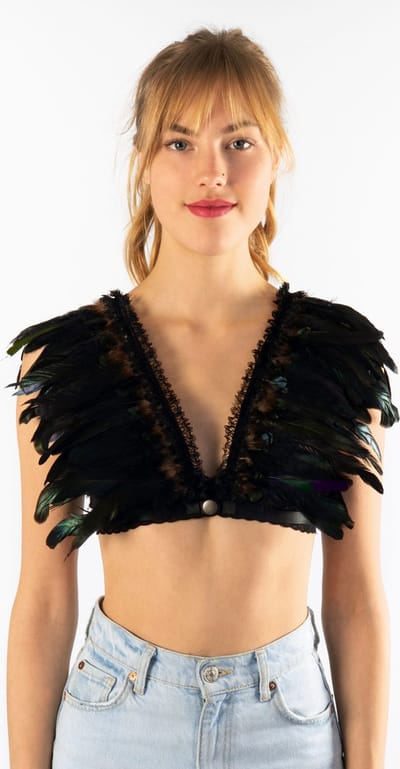 KIMU® Top met Veren Zwart Kant - Maat XS S M - Verentop Steampunk Topje Veertjes - Hippie Bohemian Indianenjurkje Ibiza Vogel Body Volwassenen Carnaval Festival