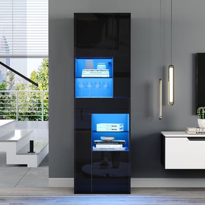Vitrinekast - 55 x 38 x 170 cm - Hoge Vitrine met 1 Lade en LED - Hoogglans Design - Glas - Zwart