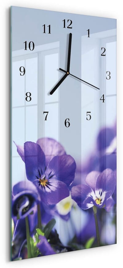 Tulup Wandklok - Bloemen Gekleurde Glazen Klok - 30x60 cm - Paars Glazen Klok Met Print - Zwarte Handen - Rechthoekige Wandklok - Gekleurde Glazen Klok - Glazen Klok Met Print
