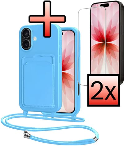 Hoes Geschikt voor iPhone 17 Hoesje Pasjeshouder Cover Met Koord Case Siliconen Hoes Met Telefoonkoord en Kaarthouder Met 2x Screenprotector - Lichtblauw