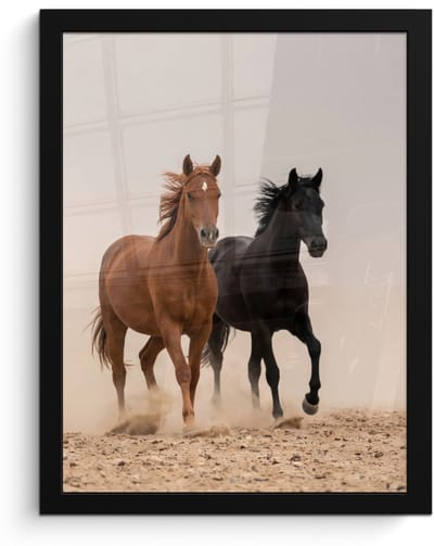 Poster in lijst - Fotolijst 30x40 cm - Posters - Kudde paarden - Stofwolk - Bruin - Zwart - Posterlijst zwart - Decoratie - Wanddecoratie woonkamer - Muurdecoratie slaapkamer