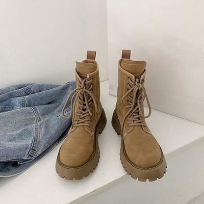 Dames Motorlaarzen Halverwege de Kuit Platform Platte Hak 4 .5 Cm Korte Laarzen Damesschoenen Dames Winter Vetersluiting Antislip Laarzen 5 bruin