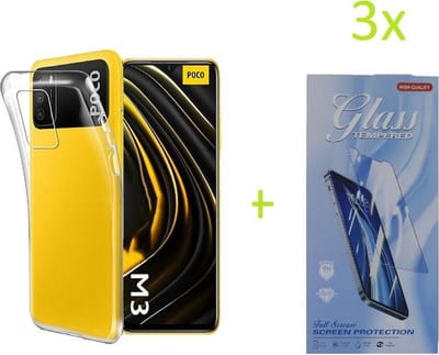 Hoesje Geschikt voor: Xiaomi Poco M3 Transparant TPU Silicone Soft Case + 3X Tempered Glass Screenprotector