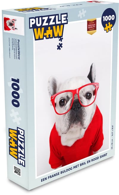 Puzzel Een Franse buldog met bril en rood shirt - Legpuzzel - Puzzel 1000 stukjes volwassenen
