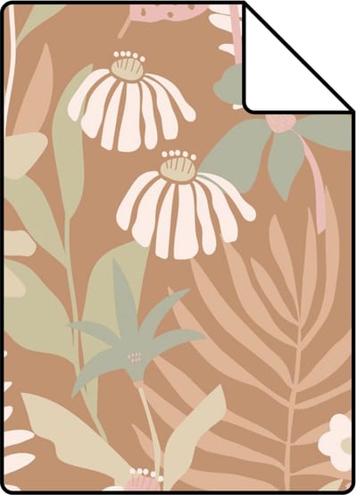 Proefstaal ESTAhome behang tropische bladeren en bloemen lichtbruin en meerkleurig - 26.5 x 21 cm - 130996-S