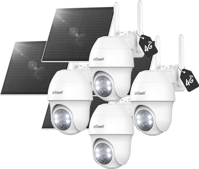ieGeek 4G LTE Bewakingscamera Solar Buiten met SIM-kaart – 2K Ultra HD, Nachtzicht, Bewegingsdetectie, IP65, 360° Draaibaar – Geen WiFi Nodig, SD & Cloud Opslag - Incl. Zonnepaneel – Voor Tuin, Erf & Bedrijf - 4 stuks