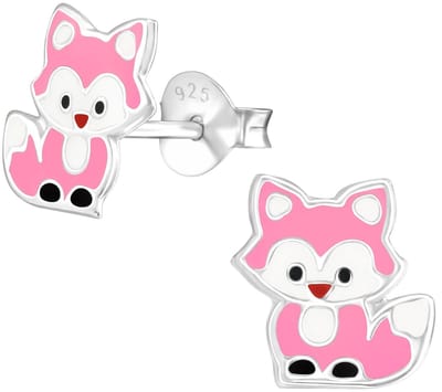 Joy|S - Zilveren vosje oorbellen - 8 x 9 mm - roze vos - kinderoorbellen