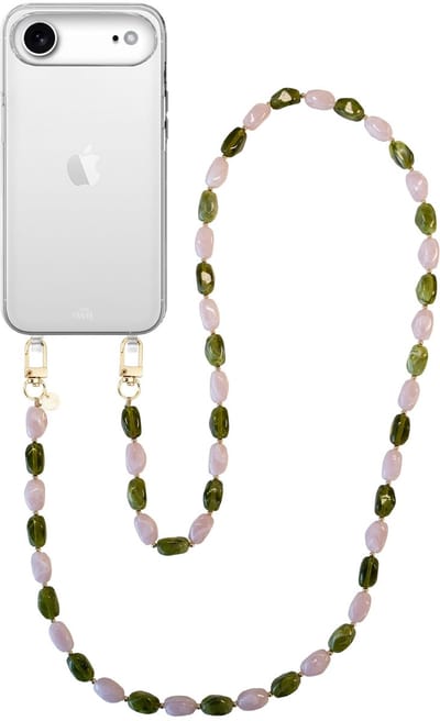 xoxo Wildhearts telefoonhoesje geschikt voor iPhone 17 Air - Rose Quartz (lang koord) - siliconen hoesje met koord - Backcover met telefoonkoord - Telefoonhanger stenen ketting - Groen / Roze