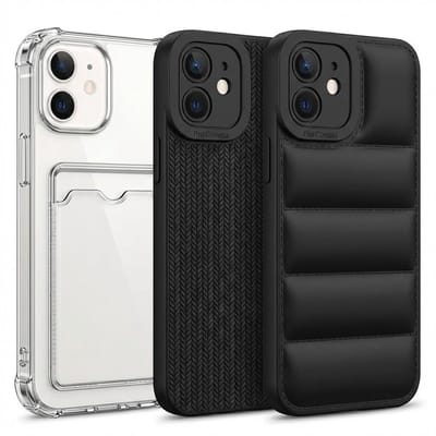 Grijs en zwart telefoon hoesje set met kaartvak en structuur design geschikt voor iPhone 12 – backcover cases voor dames en heren met transparant hoesje, geribbelde textuur en gewatteerd uiterlijk