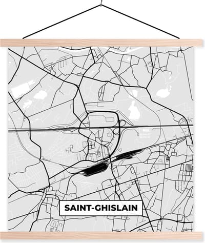 Posterhanger incl. Poster 40x40 cm - Schoolplaat - Zwart Wit – België – Plattegrond – Stadskaart – Kaart – Saint Ghislain - Textielposter - Blanke latten - Stadskaart