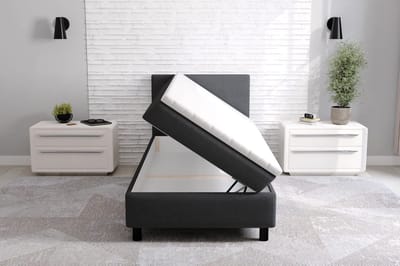 Boxspring Compleet Met opbergruimte Erolla - 90x200 cm eenpersoons - zwart stof - zetelsenbedden - Compleet bed met matras en topper - bed storage