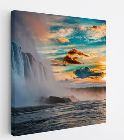 Saammp Canvas Schilderij - Waterval met zonsondergang - Landschap - Natuur - 20x20 - Foto op canvas - Wanddecoratie - Muurdecoratie Woonkamer - Slaapkamer decoratie - Canvas Print