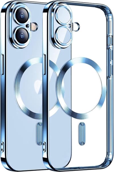 Hoesje Geschikt voor iPhone 16 Plus Magsafe hoes - Lens beschermer – backcover – Transparant/Blauw