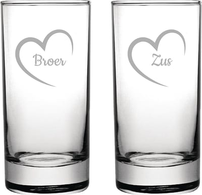 Gegraveerde longdrinkglas 28,5cl Broer met hartje & Zus met hartje