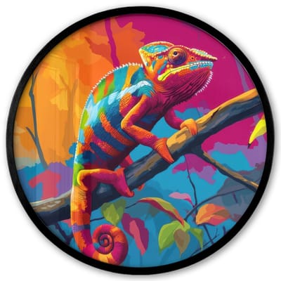 Poster in lijst Rond - Fotolijst 40x40 cm - Posters - Kameleon - Tak - Gestreept - Bladeren - Ronde posterlijst zwart - Decoratie - Wanddecoratie woonkamer - Muurdecoratie slaapkamer