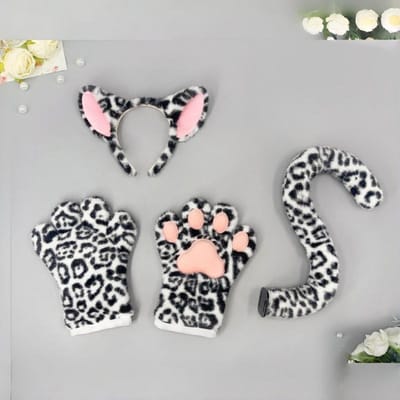 Ensemble Serre-tête Oreilles de Léopard Serre-tête Queue Gants Pattes Costumes Cos Mignon Sexy Imprimé Léopard Accessoires de Mode Pour Filles Femmes Fête gray