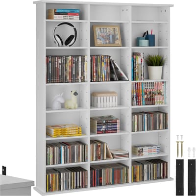 tectake® CD/DVD/Blu-ray kast - Boekenkast - 18 flexibel verstelbare planken - Houten mediakast met kantelbeveiliging - Plankstandaard - Afmeting (LxDxH) 105,5 x 19 x 136,5 cm - Wit