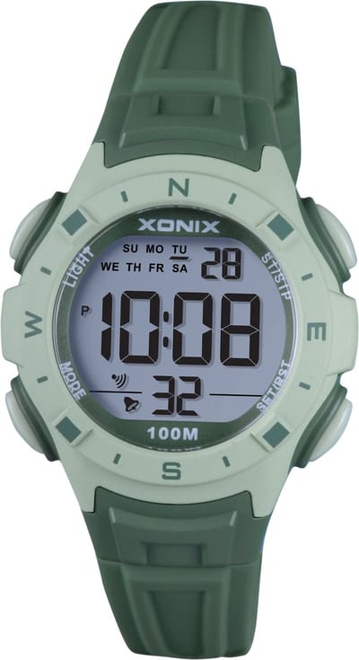 Xonix IB-A04 - Horloge - Polshorloge - Digitaal - Kinderen - Unisex - Rond - Siliconen band - ABS - Cijfers - Achtergrondverlichting - Datumaanduiding - Alarm - Start-Stop - 12/24u - Tweede tijdzone - Waterdicht - DonkerGroen - LichtGroen