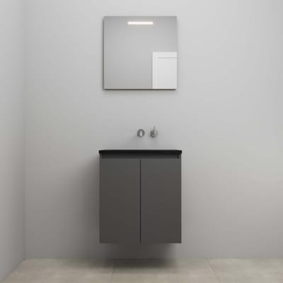 On-Line Badkamermeubelset - 60 cm - Bouwpakket - Greeploze Ladestructuur - Acryl Wastafel - zonder Kraangat - Spiegel met LED-Verlichting - Mat Antraciet