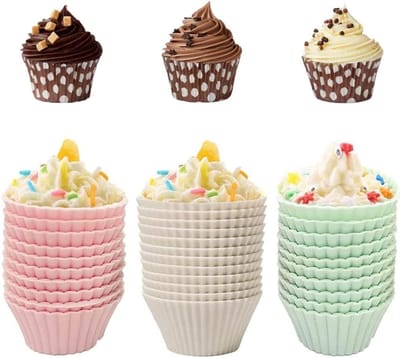 Set van 30 Herbruikbare Siliconen Muffin- en Cupcakevormpjes - Niet-Plakkerig, Warmtebestendig en Ideaal voor Taarten, IJs en Puddingen (Roze, Groen, Geel)