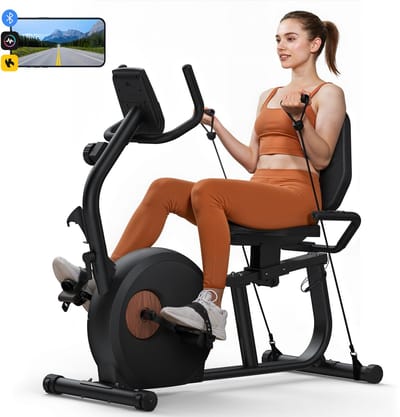 MERACH Opvouwbare Semi-Ligfiets Hometrainer - 8 Niveaus Magnetische Weerstand - LCD-scherm - Elastieken - Hartfrequentie Sensor - Zwart