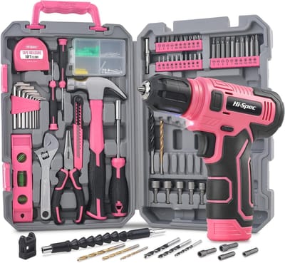 Gereedschapsset met boormachine - Doe-het-zelf koffer - Huisreparatie en klussen - Compacte draadloze boormachine - 8 Volt - Roze
