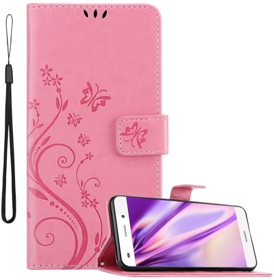 Cadorabo Hoesje geschikt voor Huawei P8 LITE 2015 in BLOEMEN ROZE - Beschermhoes in bloemmotief met magnetische sluiting, standfunctie en kaartsleuven Book Case Cover Etui