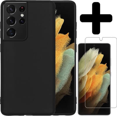 Hoesje - Met Screenprotector - Geschikt voor Samsung Galaxy S21 Ultra - Sterk & Shockproof - Back Cover - Siliconen Case - Telefoon Hoes - Telefoonhoesjes - Zwart