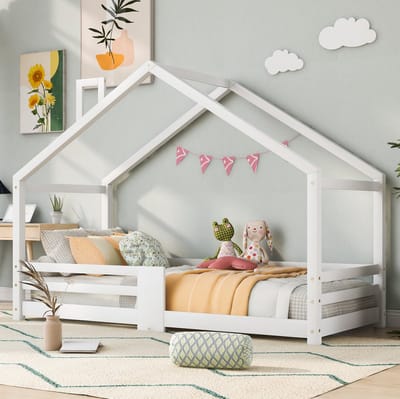 MEUNIQ kinderbed huisbed 90 x 200 cm met schoorsteen, uitvalbeveiliging en lattenbodem, grenenhouten bedframe voor kinderkamer, wit, zonder matras