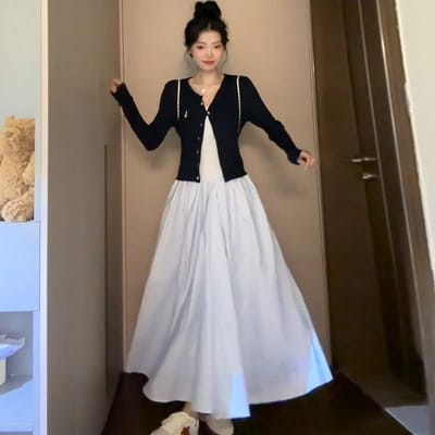 Witte Jurk met Bretels voor Dames In Zomer Nieuwe Stijl Taille-omsluitend A-lijn Slanke en Fluffy Rok Franse Hepburn Stijl Lange Rok L blauw
