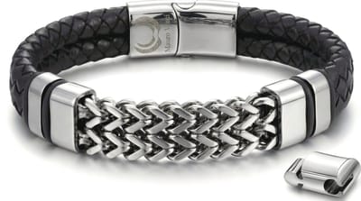 Mauro Vinci® Armband Heren Leer Zwart – Leren Heren Armband met Zwarte Stalen Schakel – Stainless Steel Schakelarmband Heren – Verstelbaar 19 cm tot 20.5 cm – Stoere Mannen Armband – Inclusief Luxe Geschenkverpakking