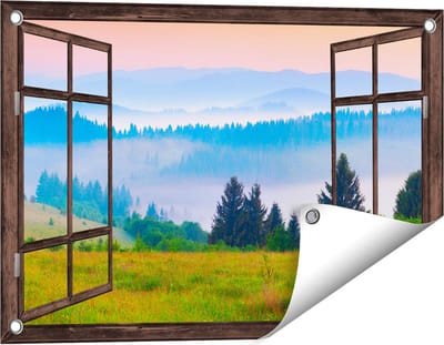 Gards Tuinposter Doorkijk Mistige Heuvel Landschap met Bossen - 60x40 cm - Tuindoek - Tuindecoratie - Wanddecoratie buiten - Tuinschilderij