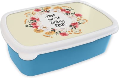 Broodtrommel Blauw - Lunchbox - Brooddoos - Beterschap - Spreuken - Bloemen - Hope - 18x12x6 cm - Kinderen - Jongen