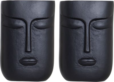 Set van 2x stuks bloemenvaas zwart van aluminium met gezicht 15 x 6 x 23 cm - Bloemen of takken vaas voor binnen