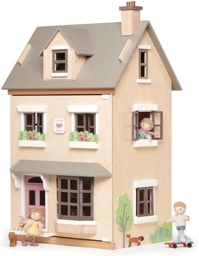Poppenhuis Villa - Houten Poppenhuis - Fantasierijk Spelen - Inclusief Meubels - 44 x 37 x 71 cm - Houtkleurig