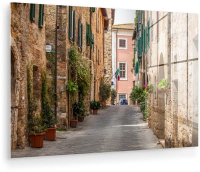 ® Glasschilderij 180x120 cm - Schilderij acrylglas - Straat van de Italiaanse middeleeuwse stad San Gimignano in Toscane - Foto op glas - Muurdecoratie woonkamer - Wanddecoratie slaapkamer - Schilderijen