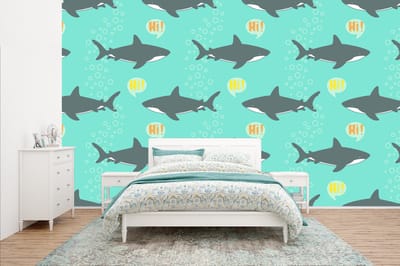 Behang - Fotobehang Patronen - Water - Haai - Jongens - Jongetje - Kind - Kids - Breedte 400 cm x hoogte 240 cm