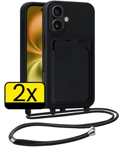 Hoesje Geschikt voor iPhone 16 Plus Telefoonhoesje Met Koord Case Pashouder Siliconen - Hoes Geschikt voor iPhone 16 Plus Hoesje Met Kaarthouder - Zwart - 2 Stuks