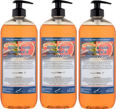 Body & Hair Sweet Orange & Cedarwood 1 Liter - met gratis pomp - set van 3 stuks - 2 in 1 voor lichaam en haar.