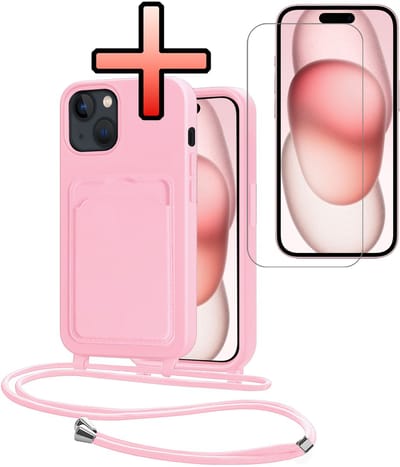 Hoes Geschikt voor iPhone 15 Plus Hoesje Pasjeshouder Cover Met Koord Case Siliconen Hoes Met Telefoonkoord en Kaarthouder Met Screenprotector - Lichtroze