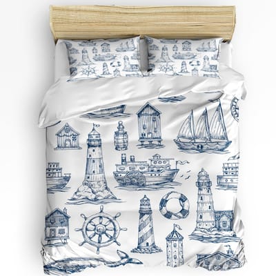 Vuurtoren Beddengoedset Voor Slaapkamer Bed Thuis Nostalgische Aquarellen met Meeuw Oud Anker Dekbedovertrek Dekbedovertrek Kussensloop 150x200cm 3pcs