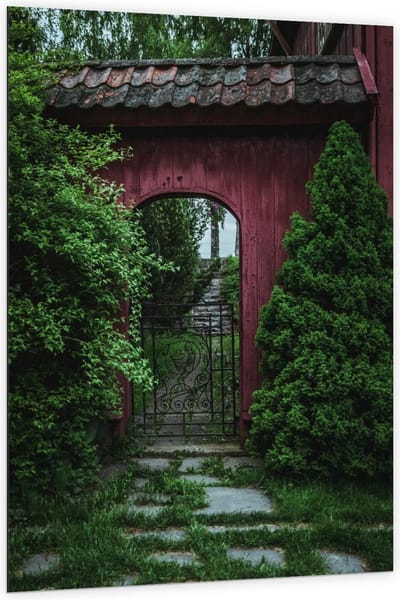 Dibond - Poort tussen Bomen - 100x150cm Foto op Aluminium (Wanddecoratie van metaal)